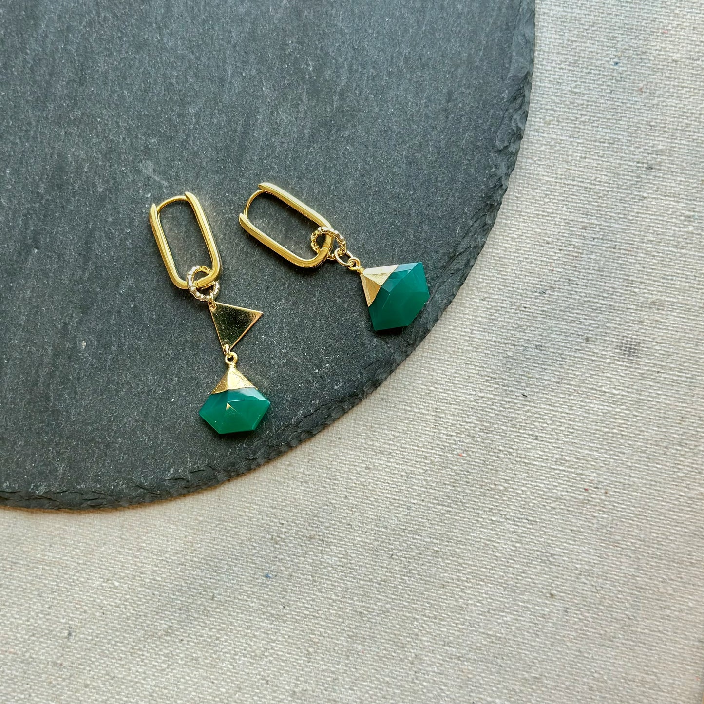 Green Onyx Geometric Two-way Gold-plated Sterling Silver Ear Hoop