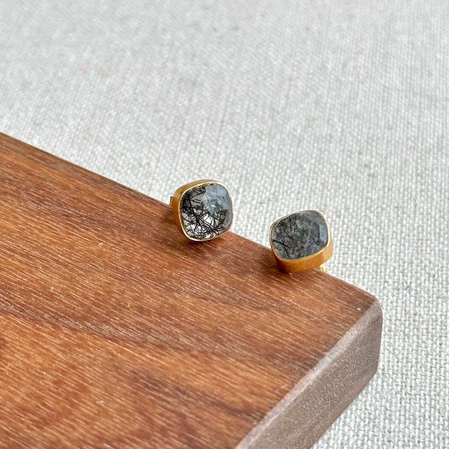 Black Rutilated Quartz Gold-plated Sterling Silver Ear Stud