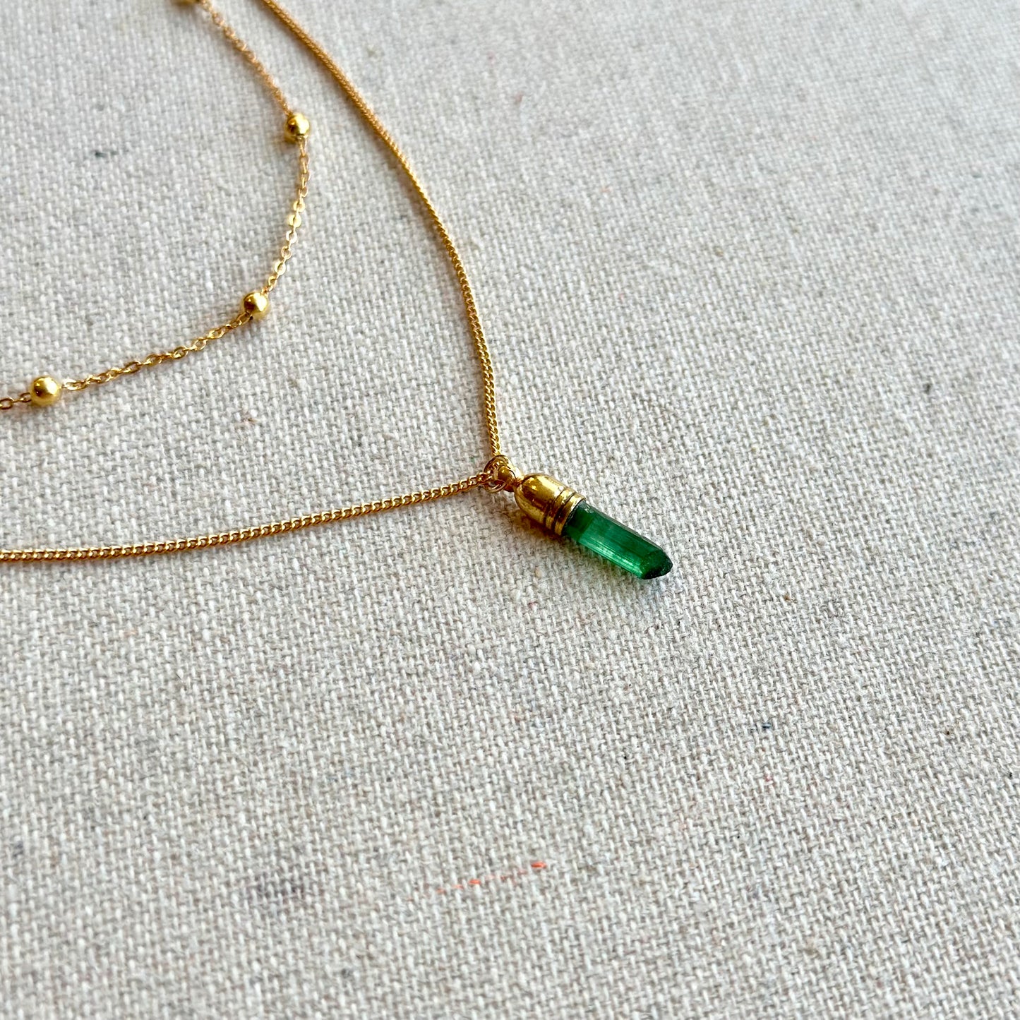 Raw Green Tourmaline Double Layer Gold-plated Sterling Silver Necklace