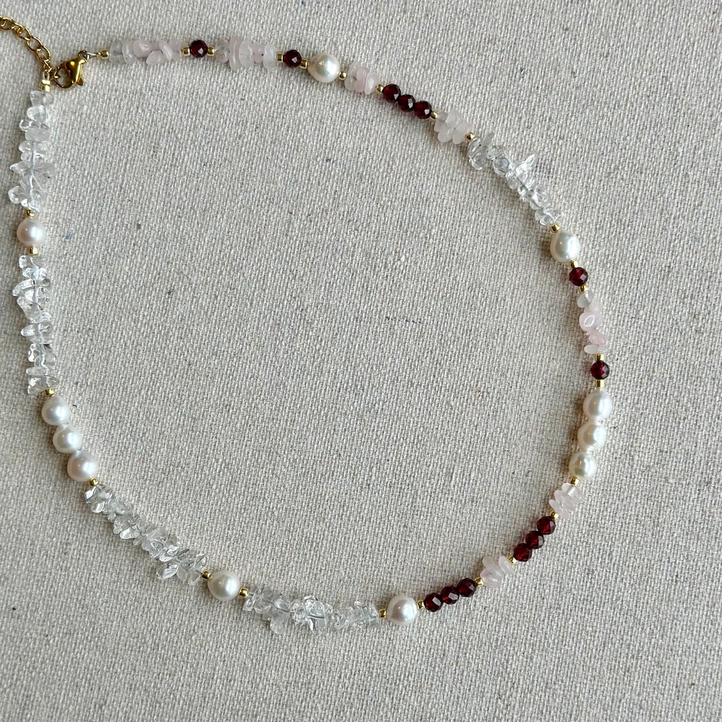 Garnet And Rose Quartz Beaded Asymmetric Choker Necklace