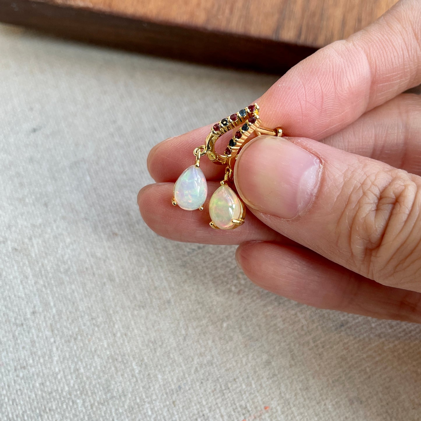 Opal With Garnet And Sapphire Gold-plated Sterling Hoop Earring