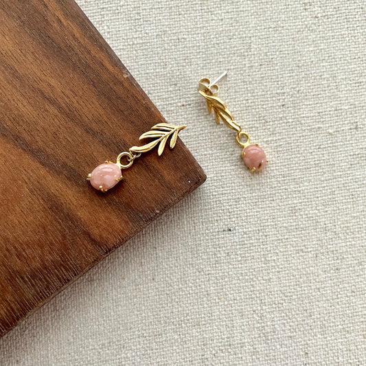 Pink Opal Leaves Stud Earring