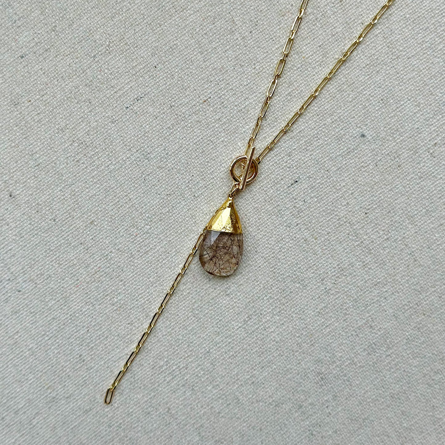 Copper Rutile Quartz Y-shaped Long Gold-plated Necklace