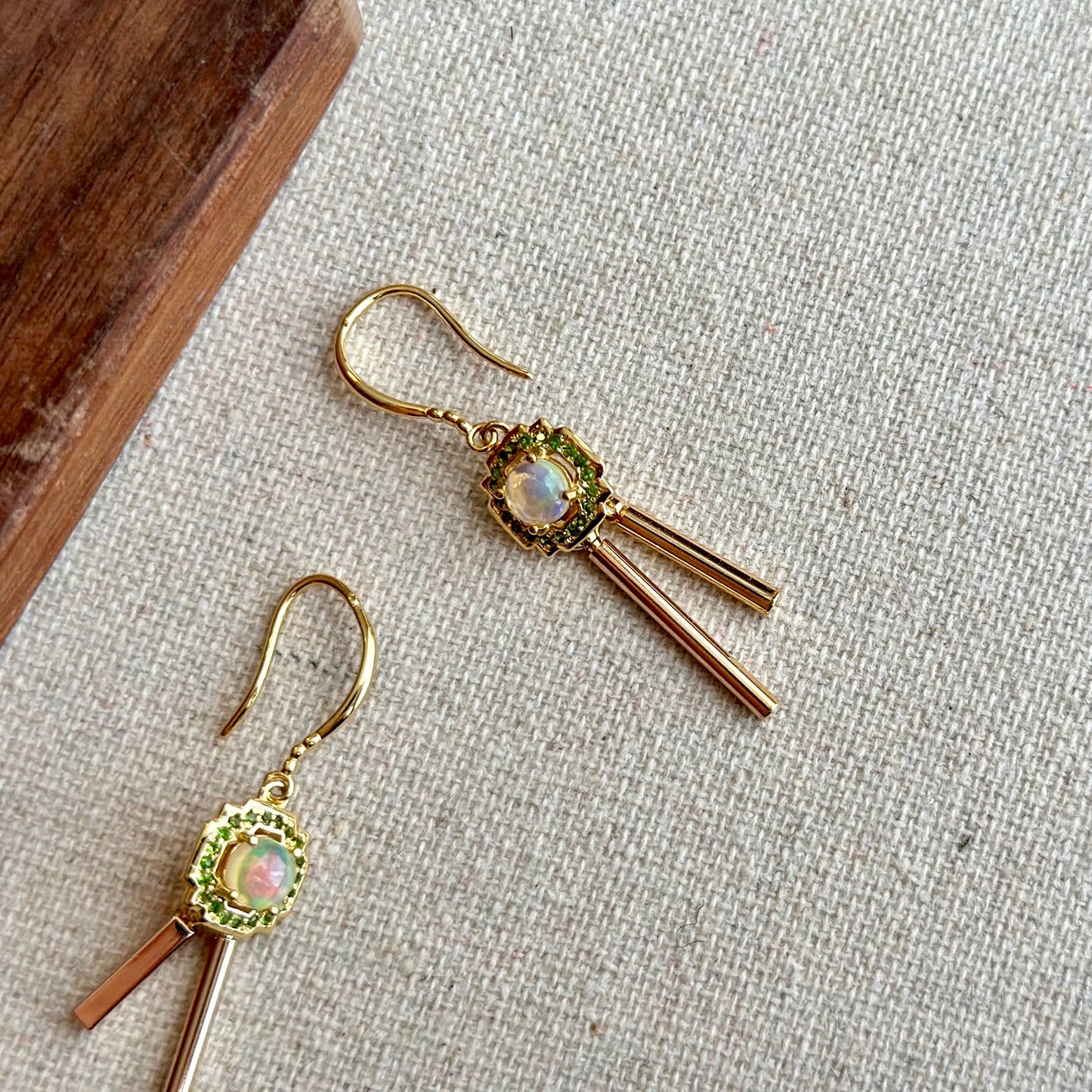 Opal And Diopside Dangling Gold-plated Sterling Earring