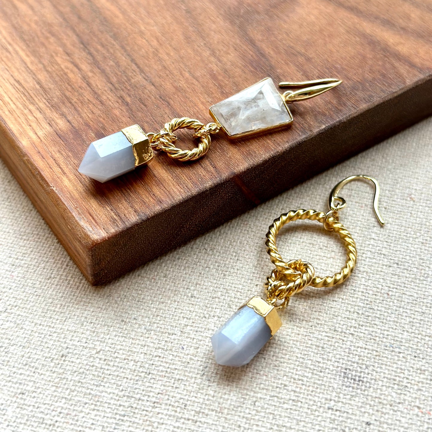 Blue Lace Agate And Moonstone Twisted Ring Gold-plated Earring