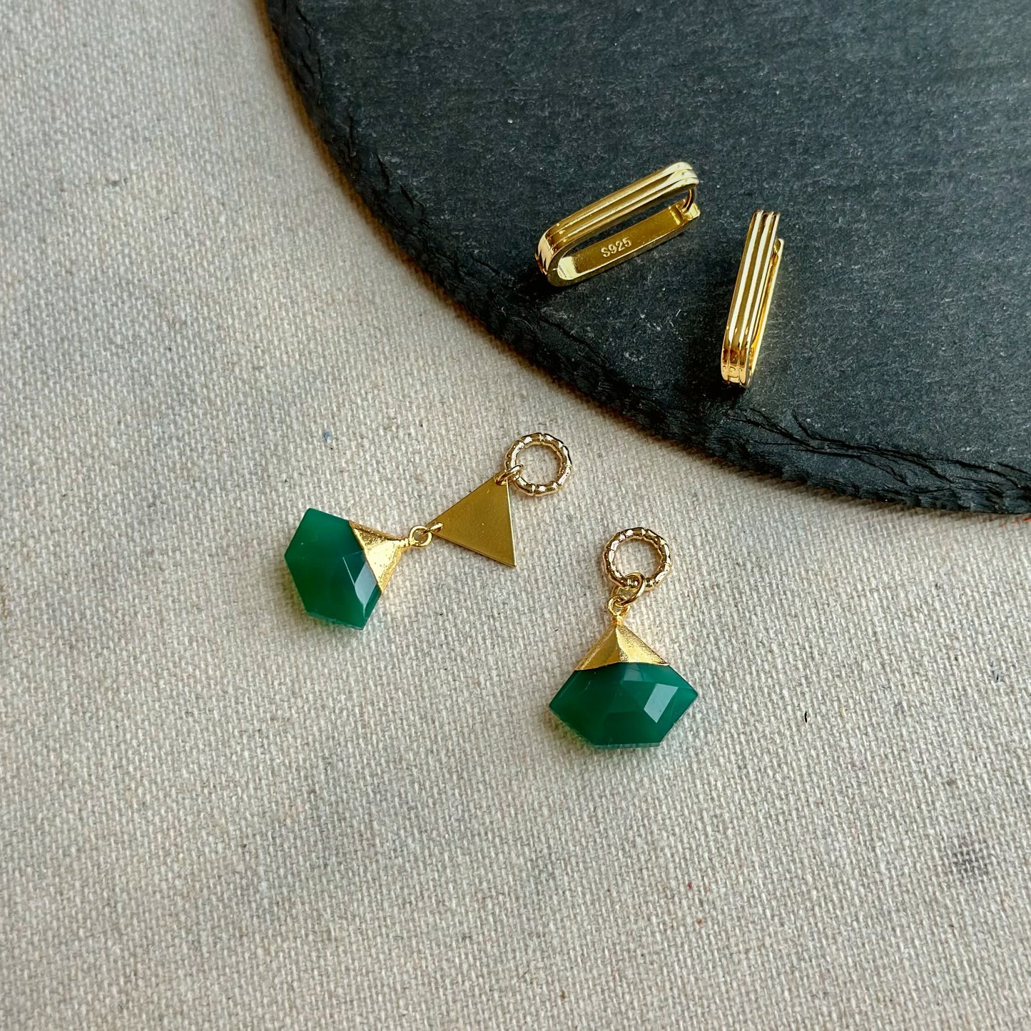 Green Onyx Geometric Two-way Gold-plated Sterling Silver Ear Hoop