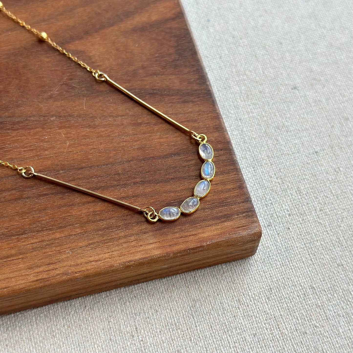 Curved Moonstone Mixed Chain Gold-plated Sterling Silver Necklace