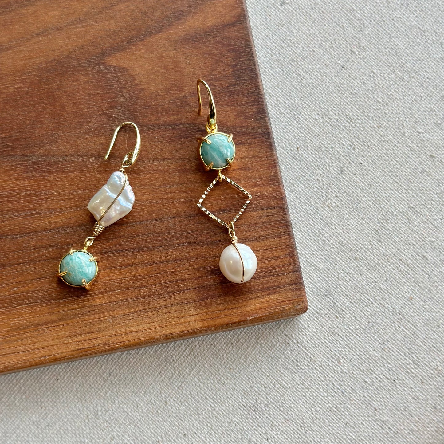 Baroque Freshwater Pearl And Amazonite 14k Gold-filled Wire Wrapping Earring