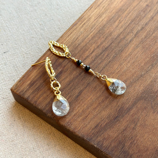 Black Rutilated Quartz And Black Spinel Gold-plated Sterling Silver Earring