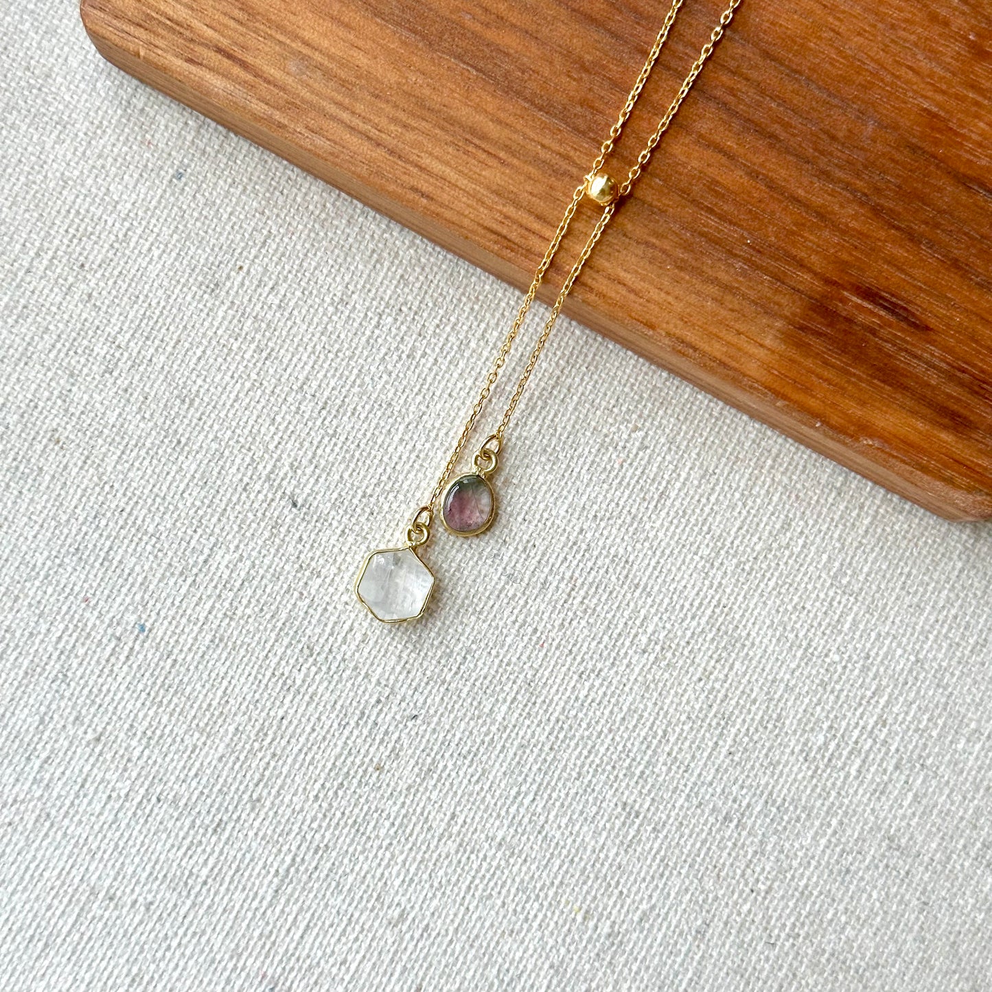 Watermelon Tourmaline And Moonstone Y-shaped Gold-plated Sterling Silver Necklace