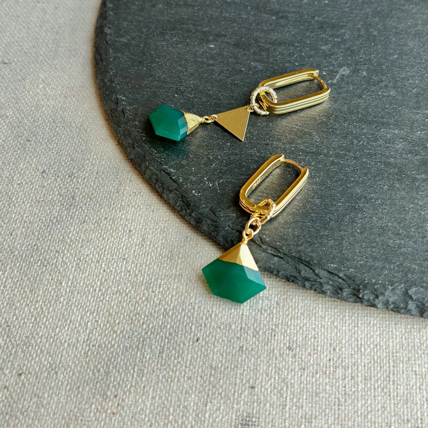 Green Onyx Geometric Two-way Gold-plated Sterling Silver Ear Hoop