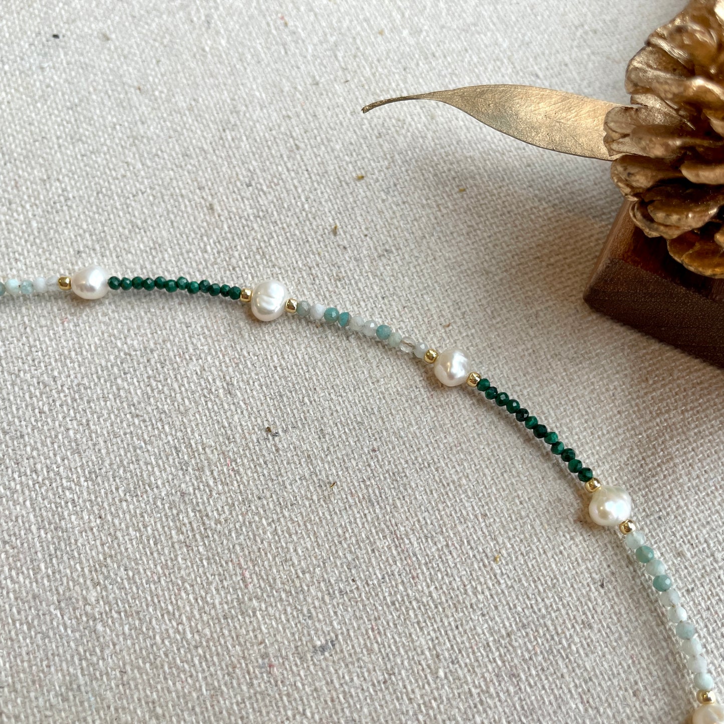 Malachite And Amazonite With Freshwater Pearl Beaded Choker Necklace