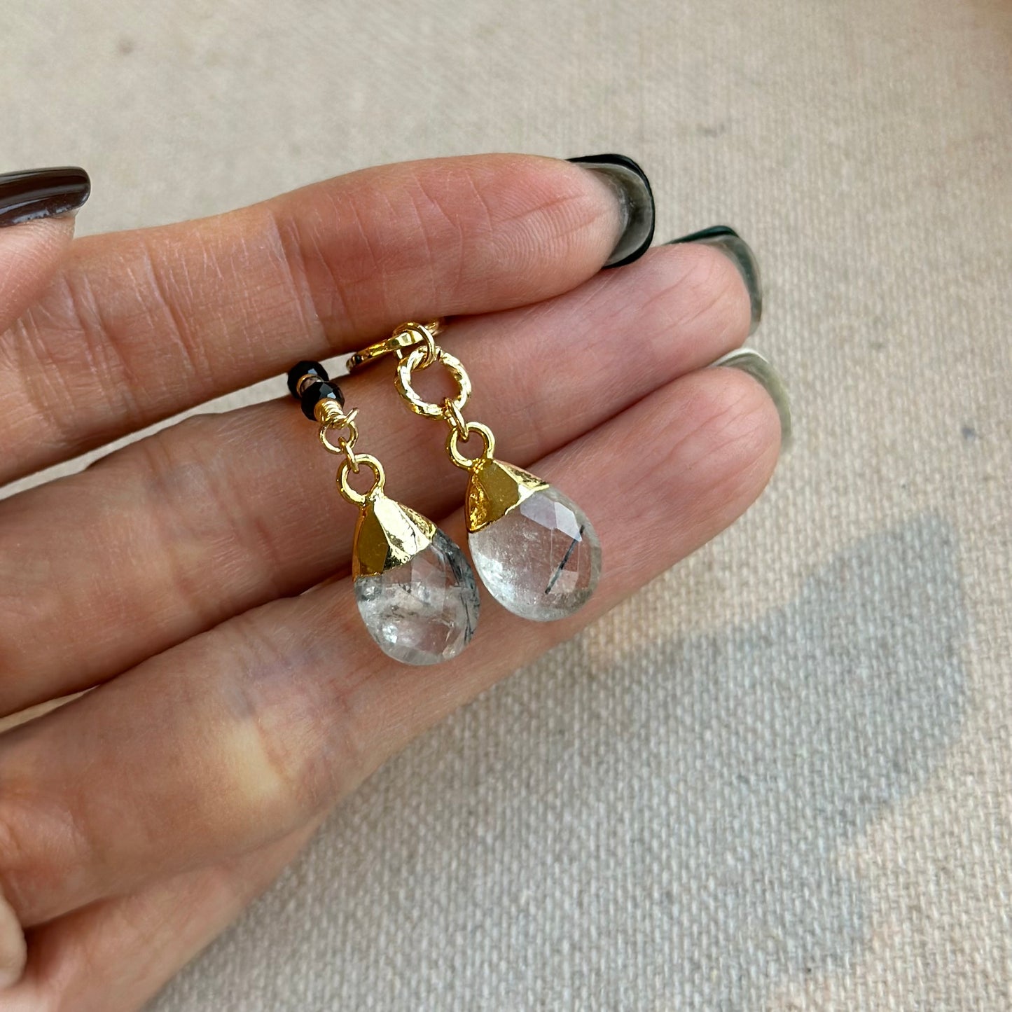 Black Rutilated Quartz And Black Spinel Gold-plated Sterling Silver Earring