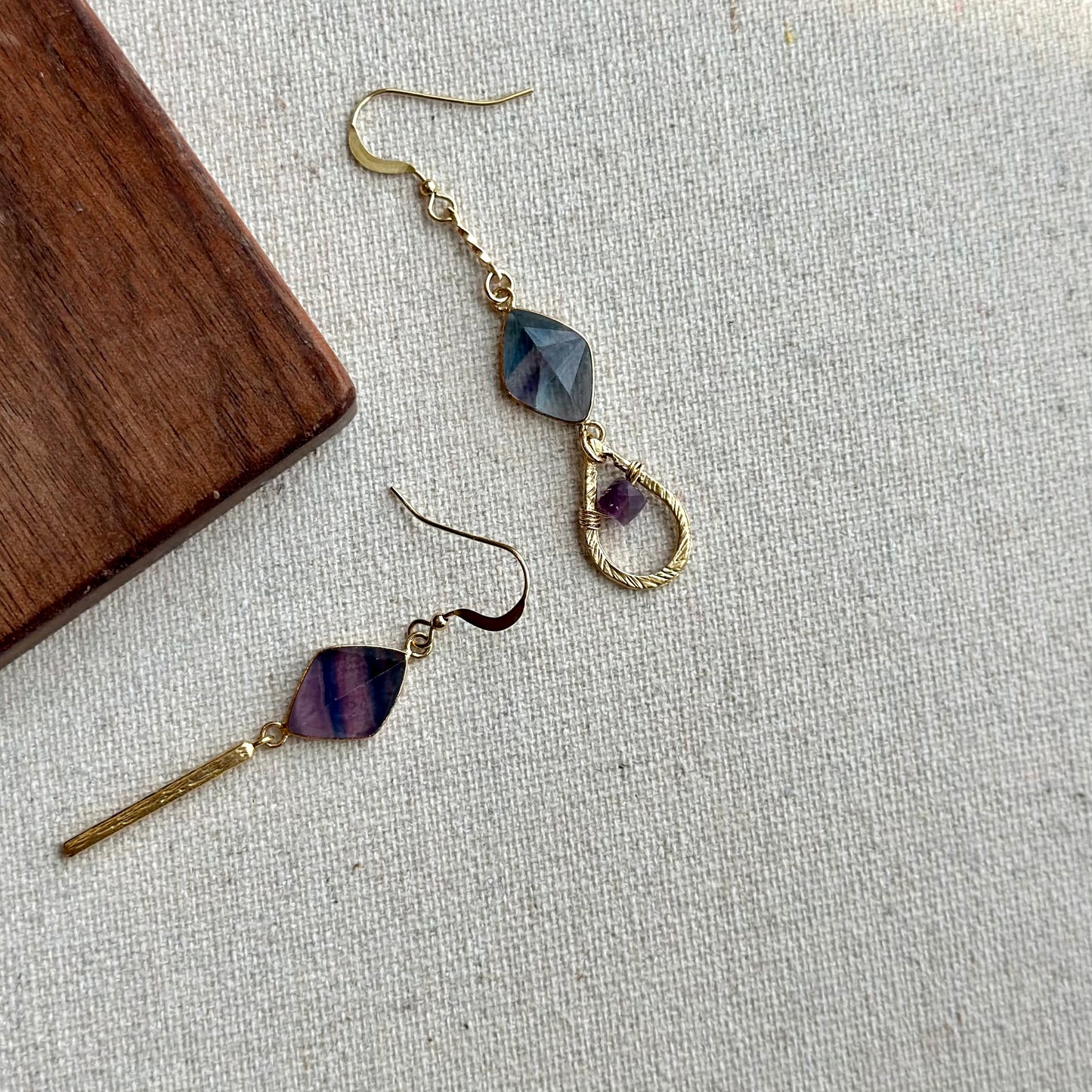 Fluorite Asymmetric Dangling Gold-plated Earring