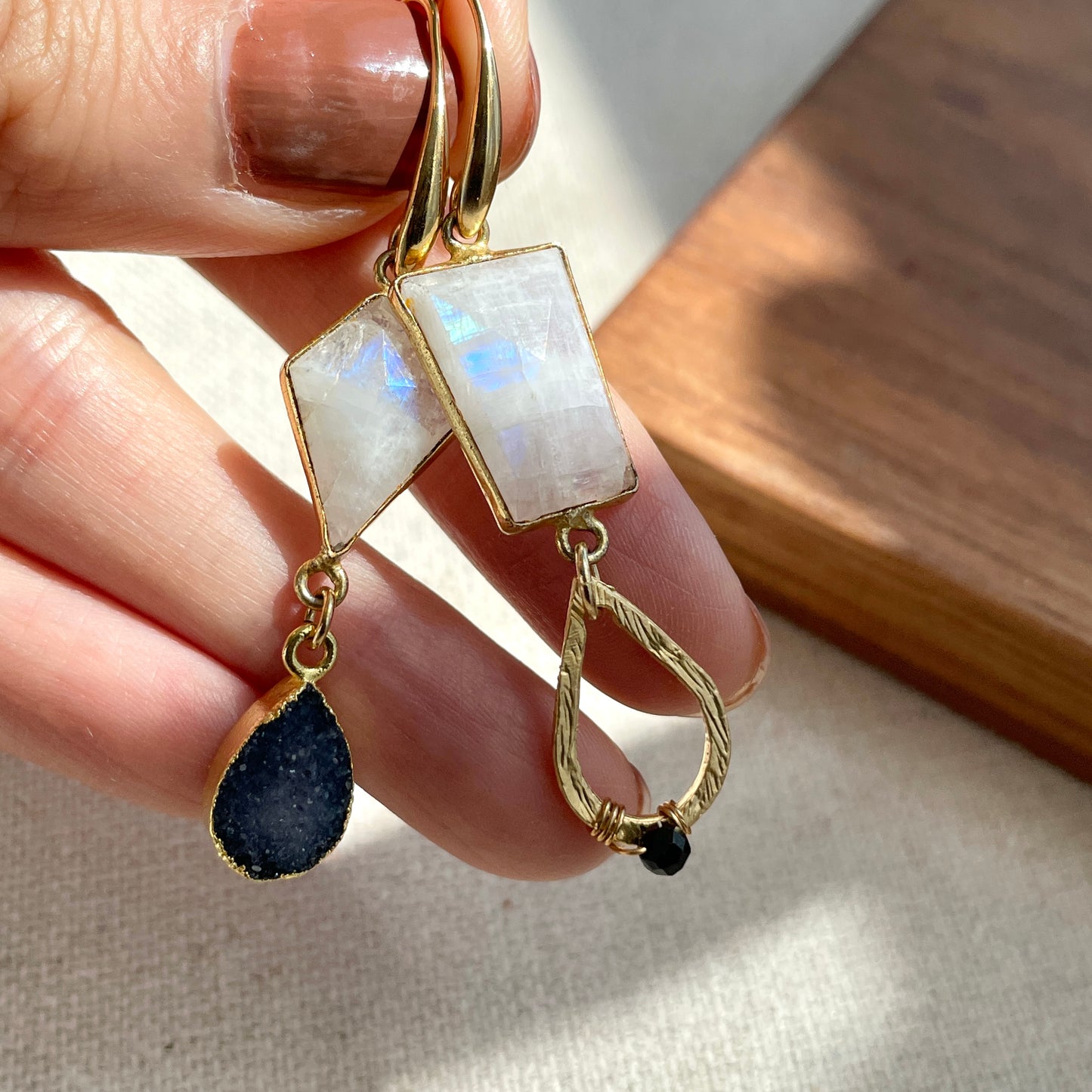 Moonstone And Druzy Stone 14k Gold-filled Wire Wrapping Earring