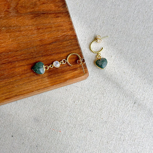 Moss Agate Heart And Moonstone Gold-plated Sterling Silver Hoop Earring