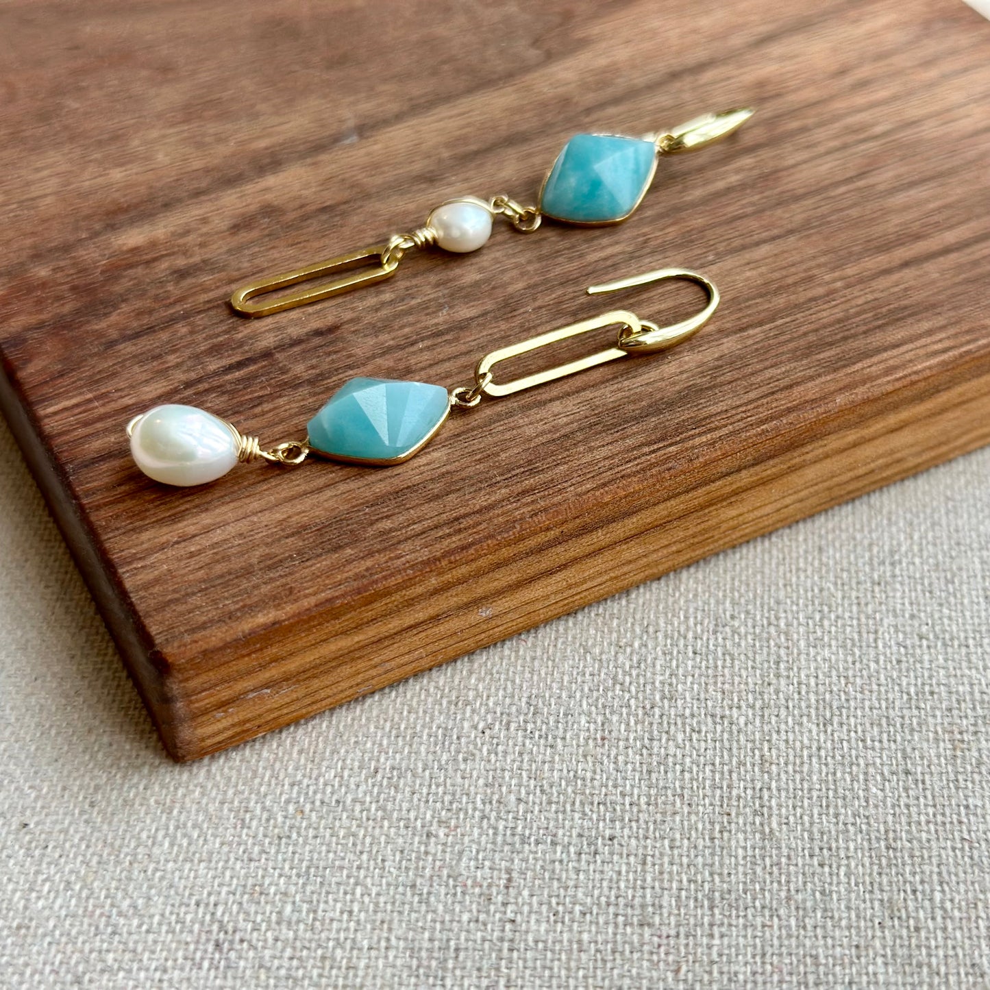 Amazonite And Freshwater Pearl Asymmetric Dangling Gold-plated Earring