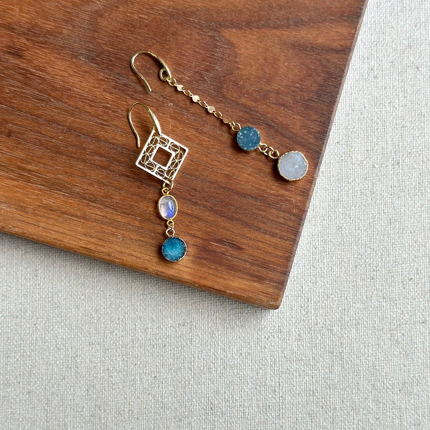 Druzy Stone And Moonstone Geometric Gold-plated Earring