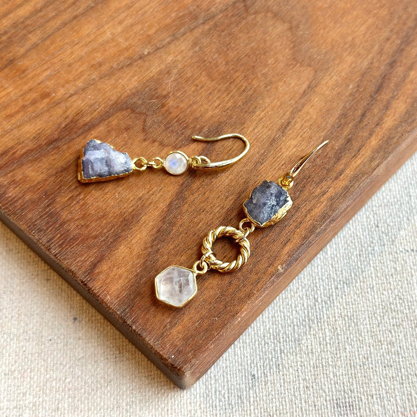 Tanzanite Raw Stone And Moonstone Earring