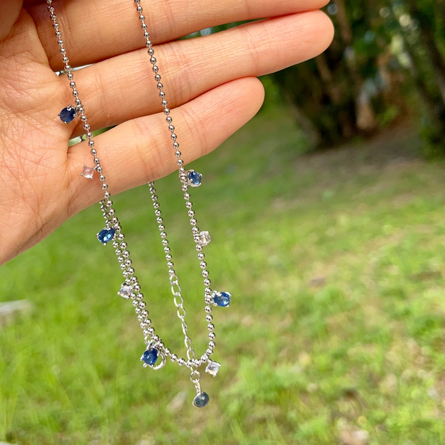 Sapphire And Moonstone Dangling Sterling Silver Necklace