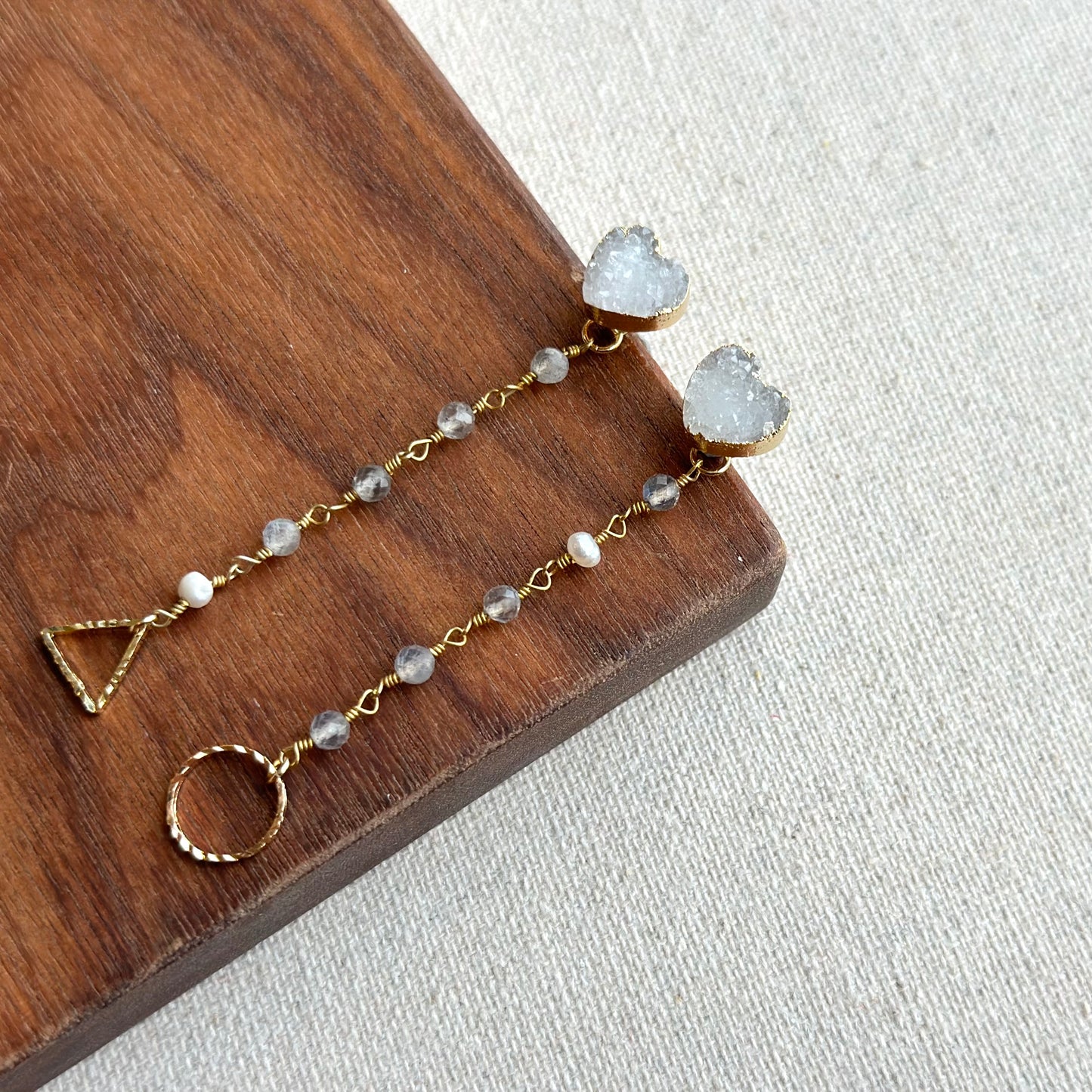 Heart White Druzy And Labradorite Two-way Gold-plated Earring