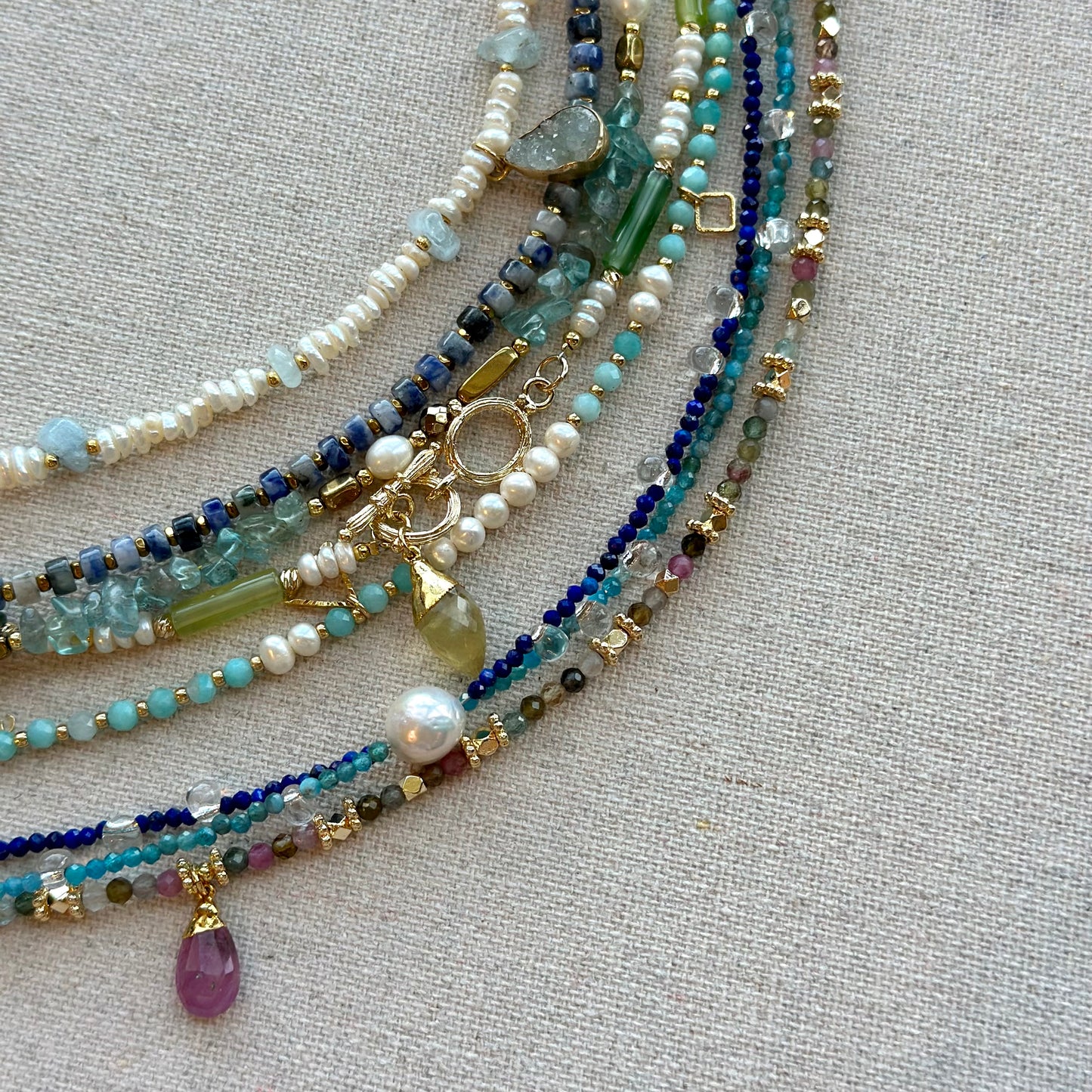 Freshwater Pearl And Lapis Mixed Apatite Beaded Double Layer Necklace