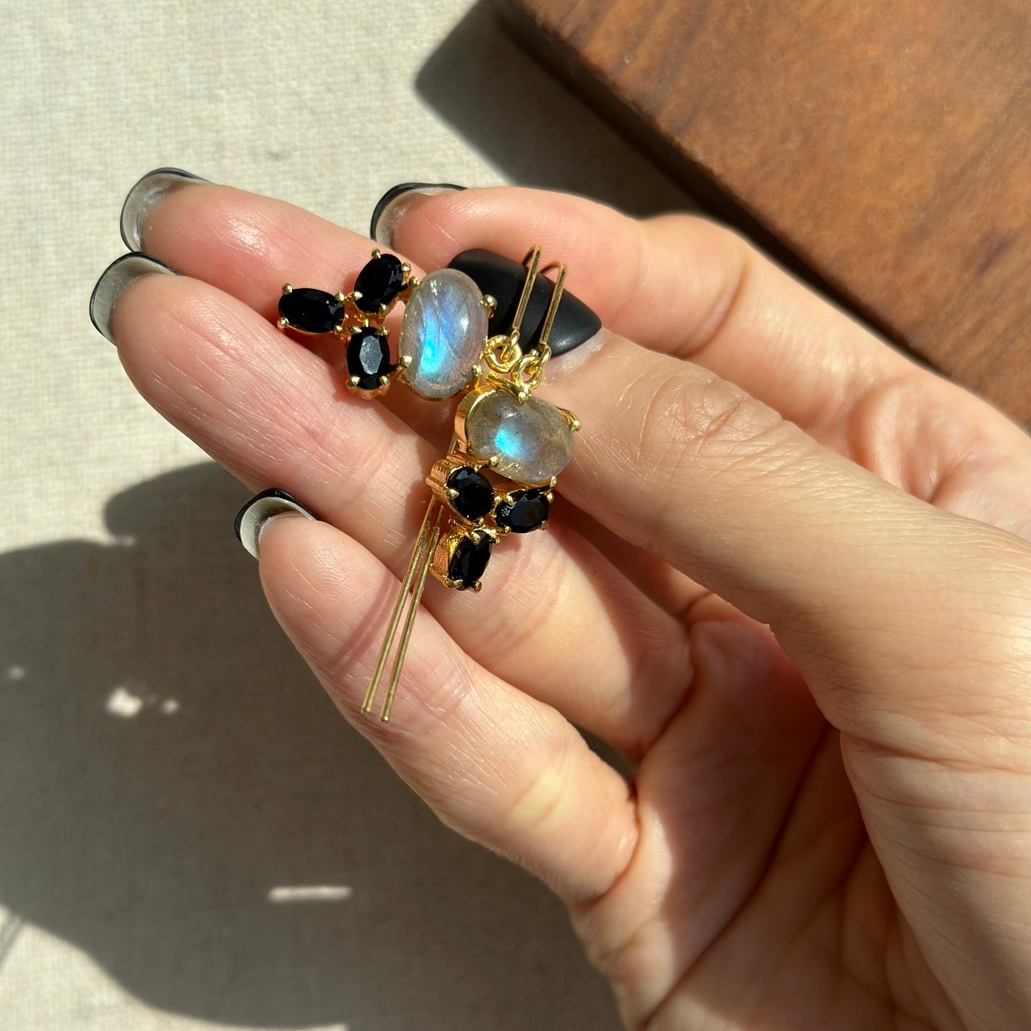 Labradorite And Black Onyx Prong Set Gold-plated Earring