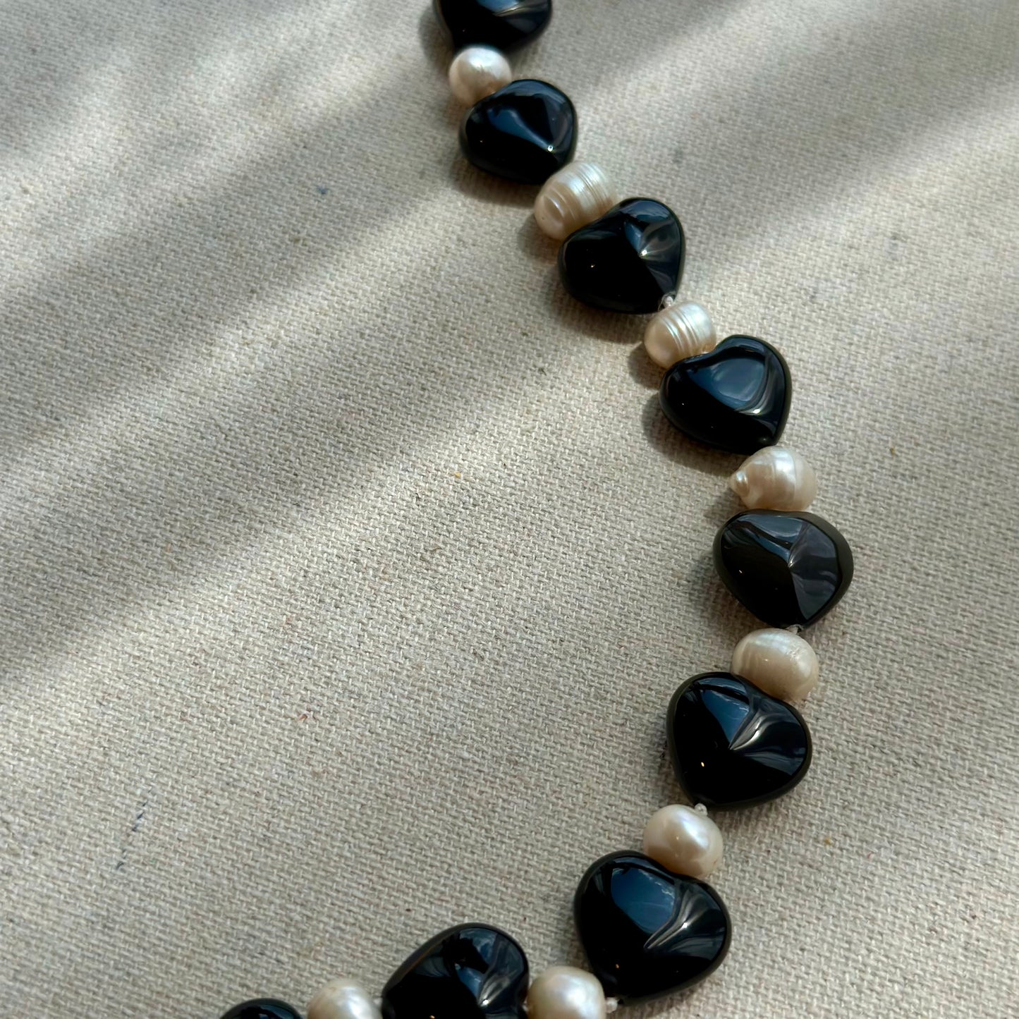 Black Onyx Heart And Freshwater Pearl Beaded Necklace