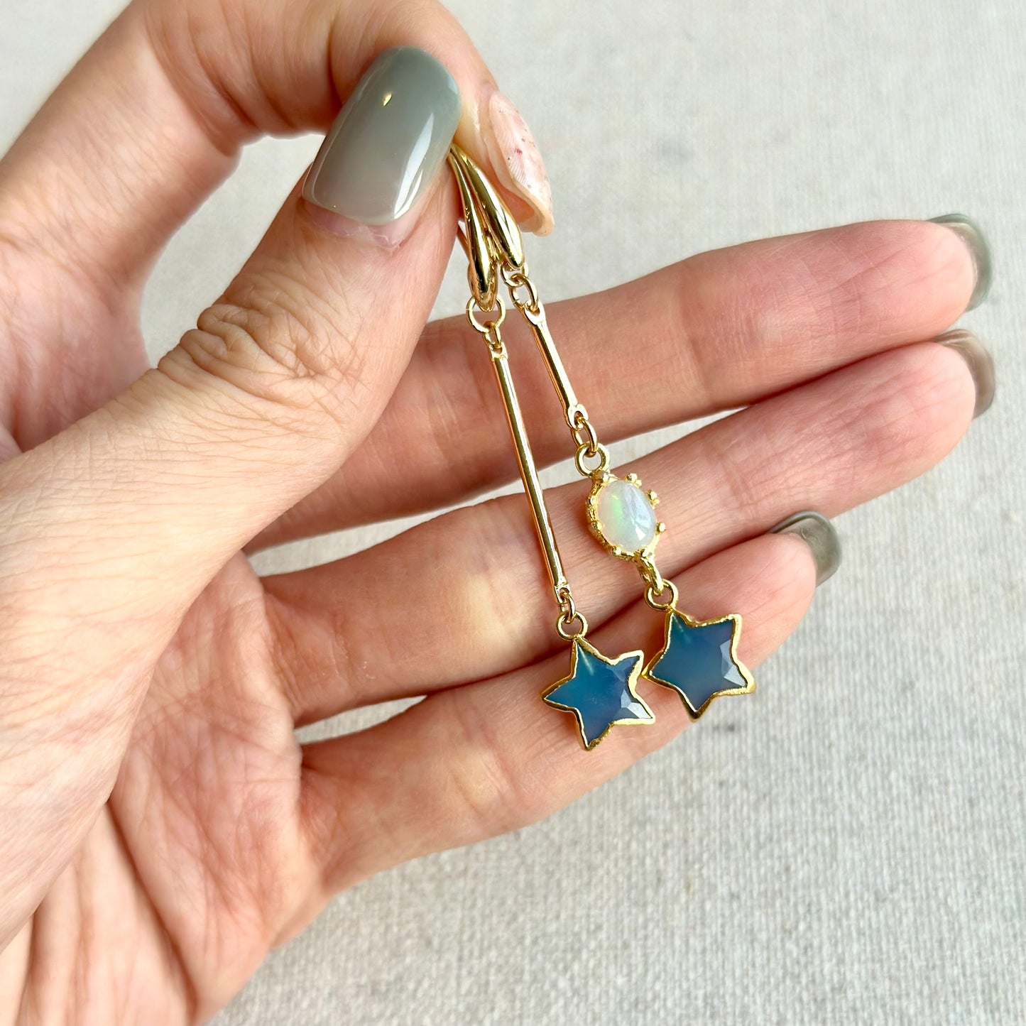 Blue Chalcedony Star And Opal Gold-plated Earring