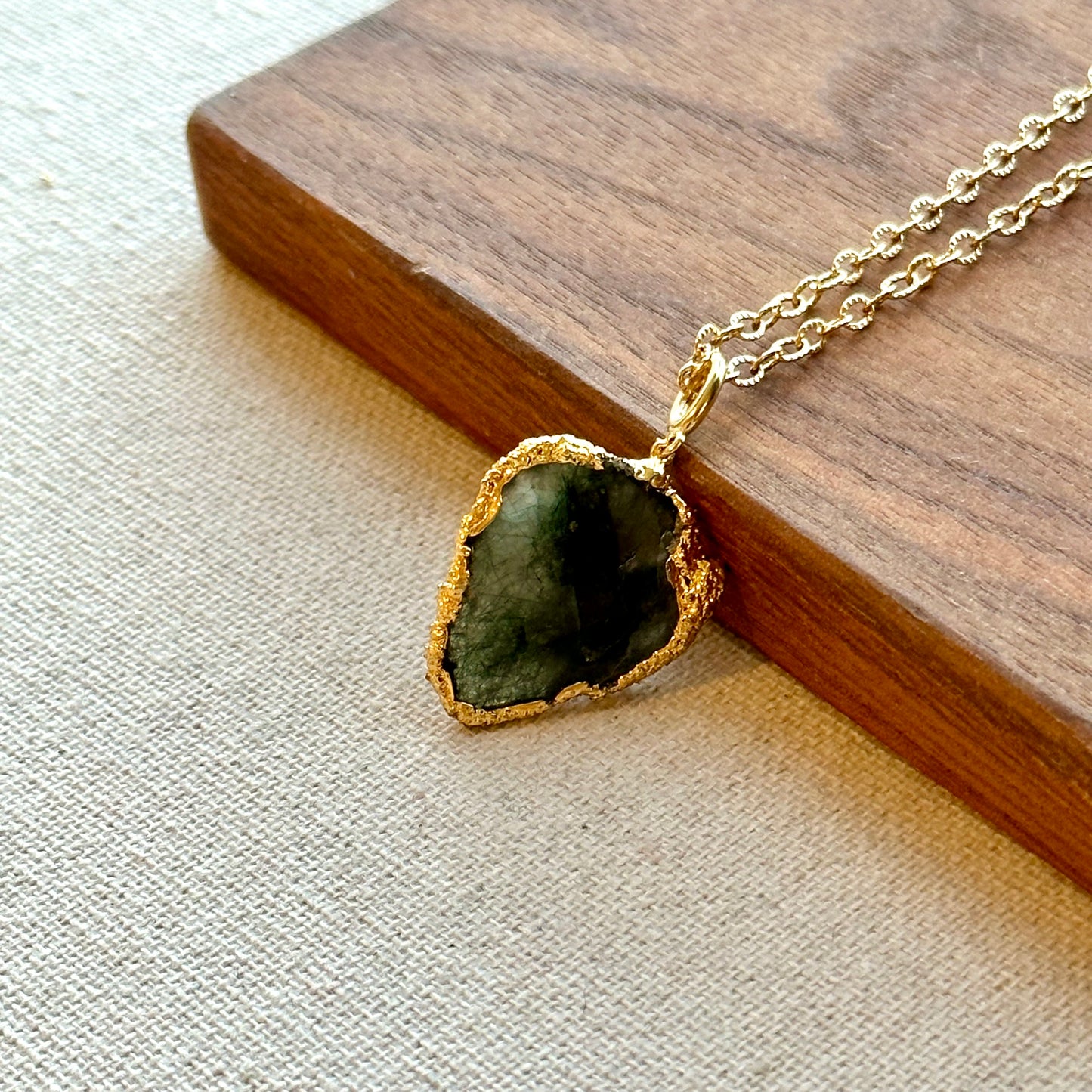 Green Rutile Quartz And Ring Long Gold-plated Necklace