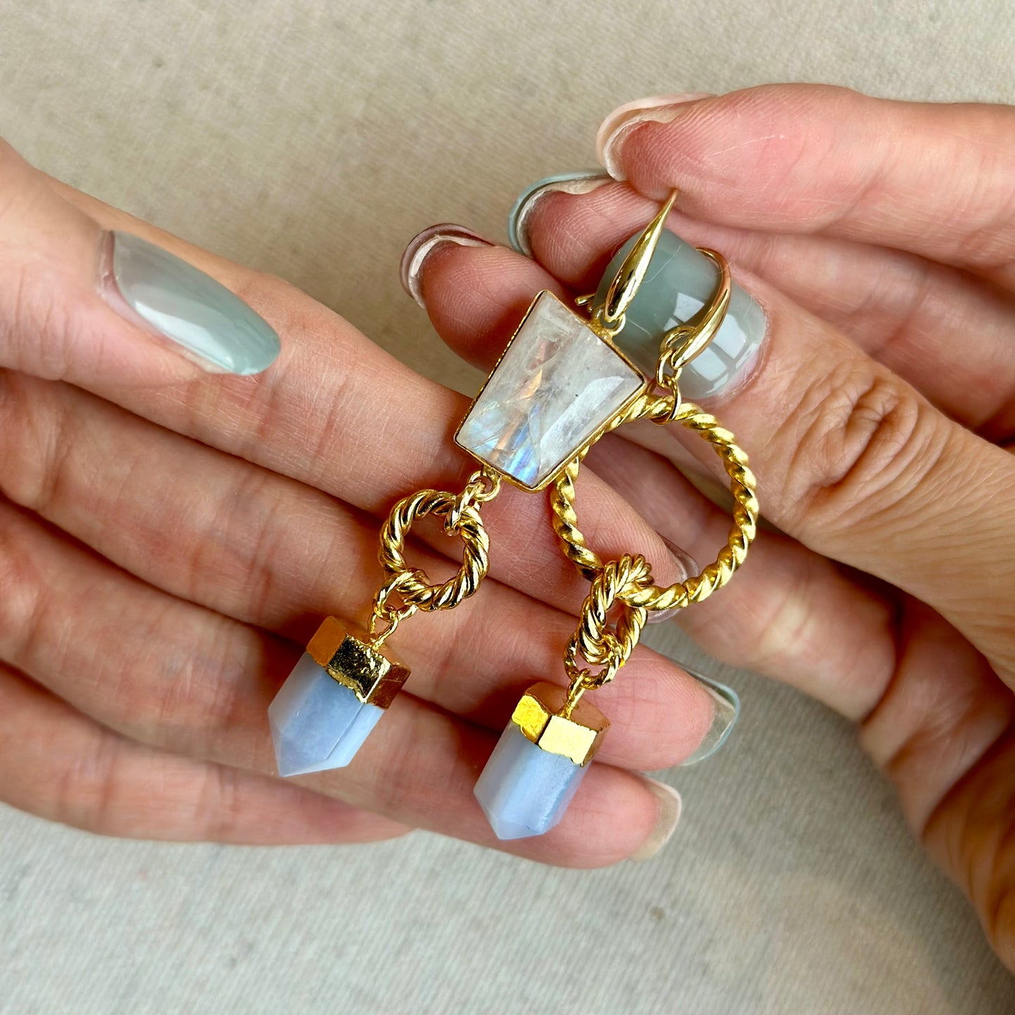 Blue Lace Agate And Moonstone Twisted Ring Gold-plated Earring