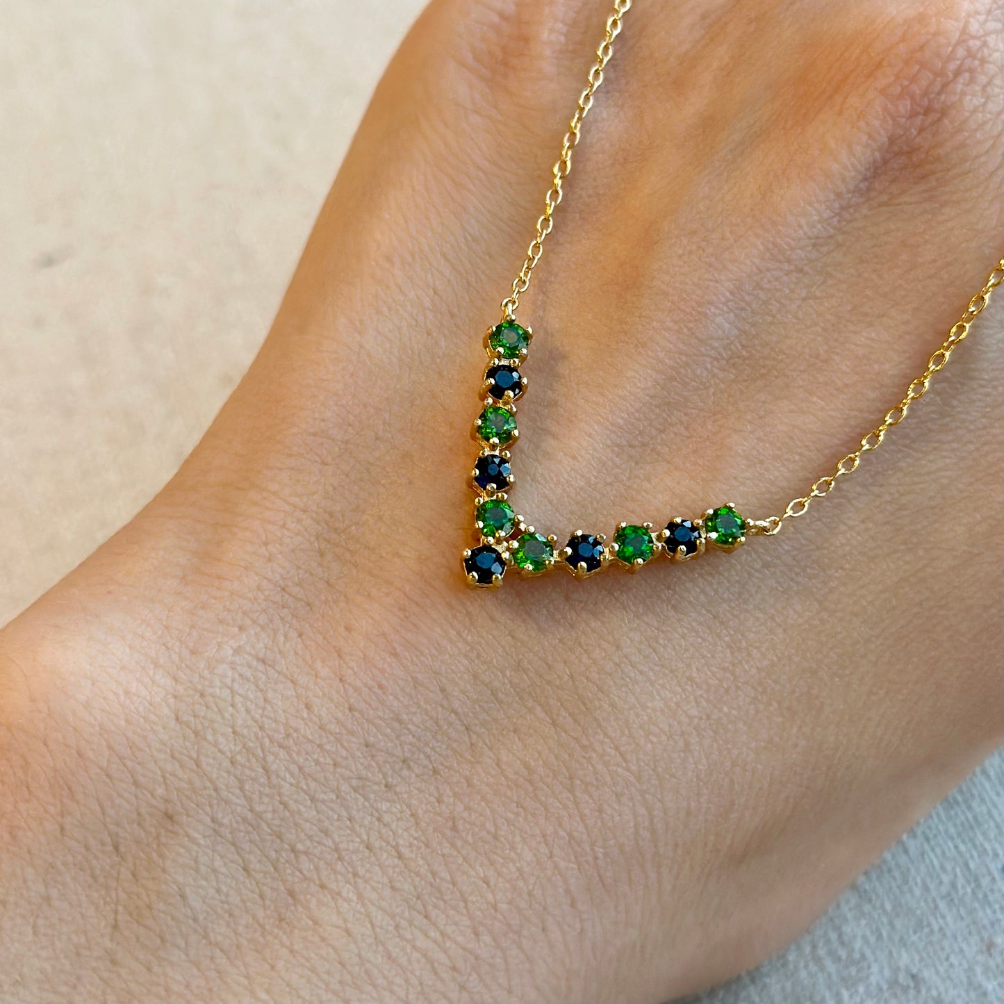 Diopside And Sapphire V-shaped Gold-plated Sterling Silver Necklace