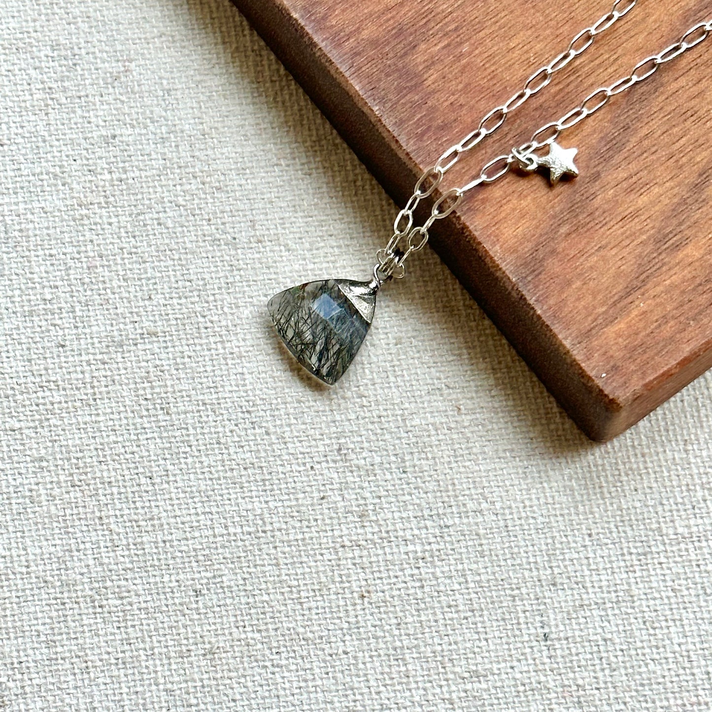 Black Rutile Quartz And Star Sterling Silver Necklace