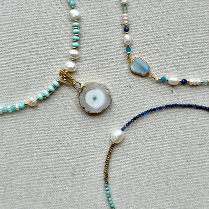 Agate Pendant Mixed Turquoise And Amazonite Beaded Choker Necklace