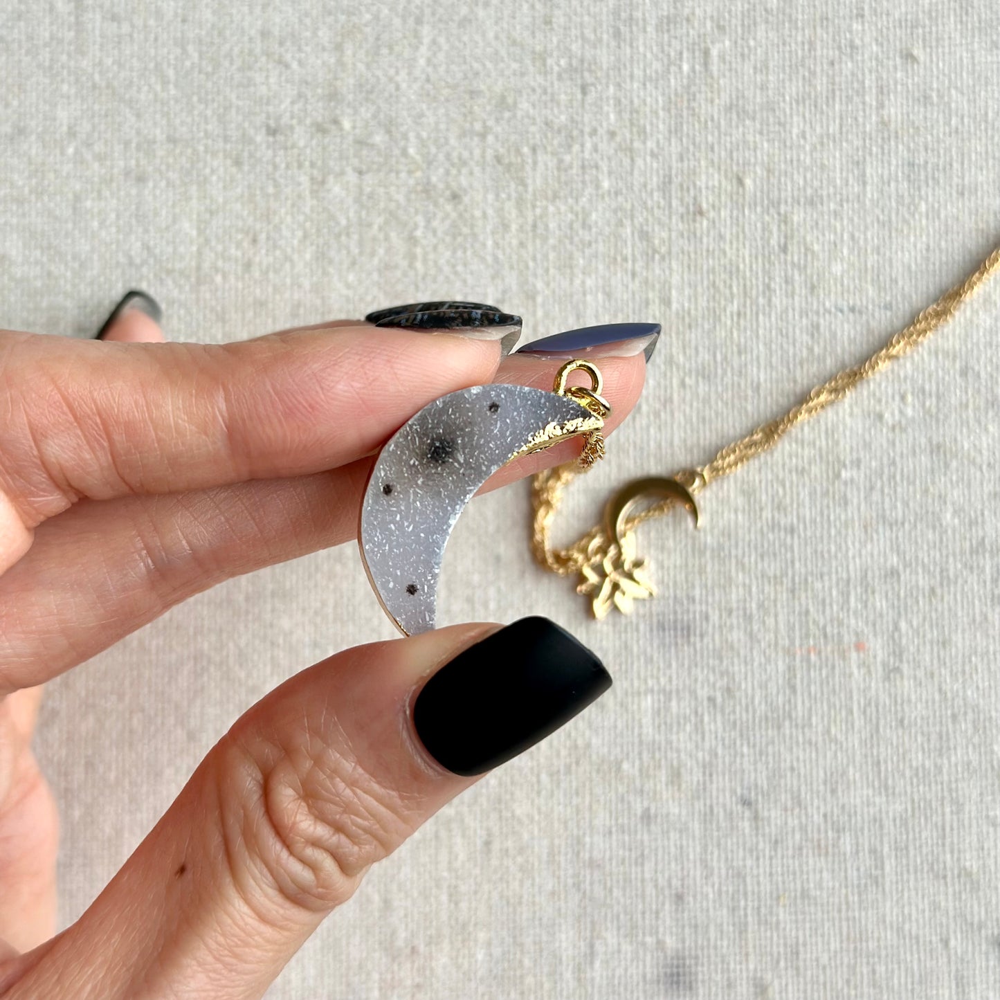 Druzy Moon Long Asymmetric Gold-plated Necklace