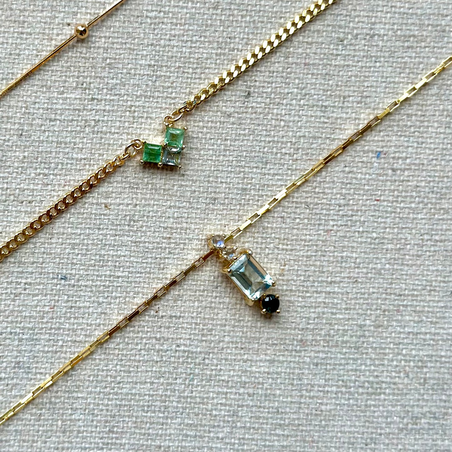 Green Tourmaline Double Layer Mixed Chain Gold-plated Sterling Silver Necklace