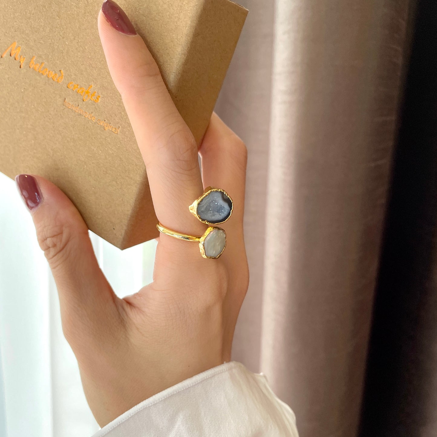 Freshwater Pearl And Agate Geode Adjustable Gold-plated Ring