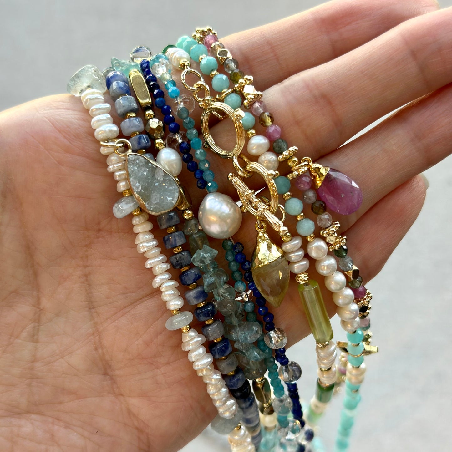 Freshwater Pearl And Lapis Mixed Apatite Beaded Double Layer Necklace