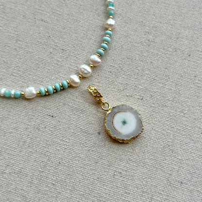 Agate Pendant Mixed Turquoise And Amazonite Beaded Choker Necklace