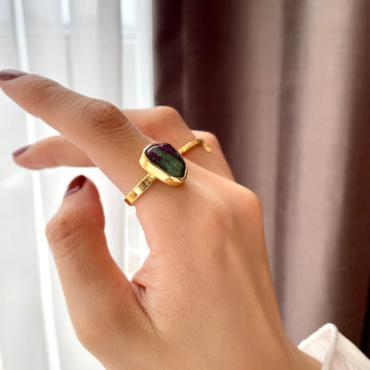 Ruby Zoisite Raw Stone Adjustable Gold-plated Ring