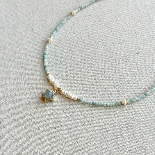 Star-shaped Moonstone And Amazonite With Freshwater Pearl Beaded Necklace