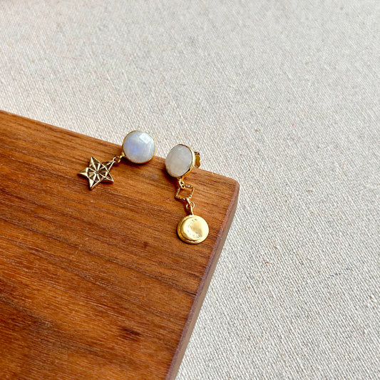 Rainbow Moonstone Stud And Starry Moon Night Gold-plated Earring