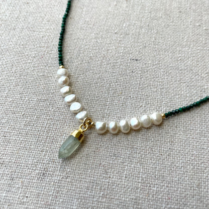 Prehnite With Malachite And Baroque Pearls Beaded Necklace