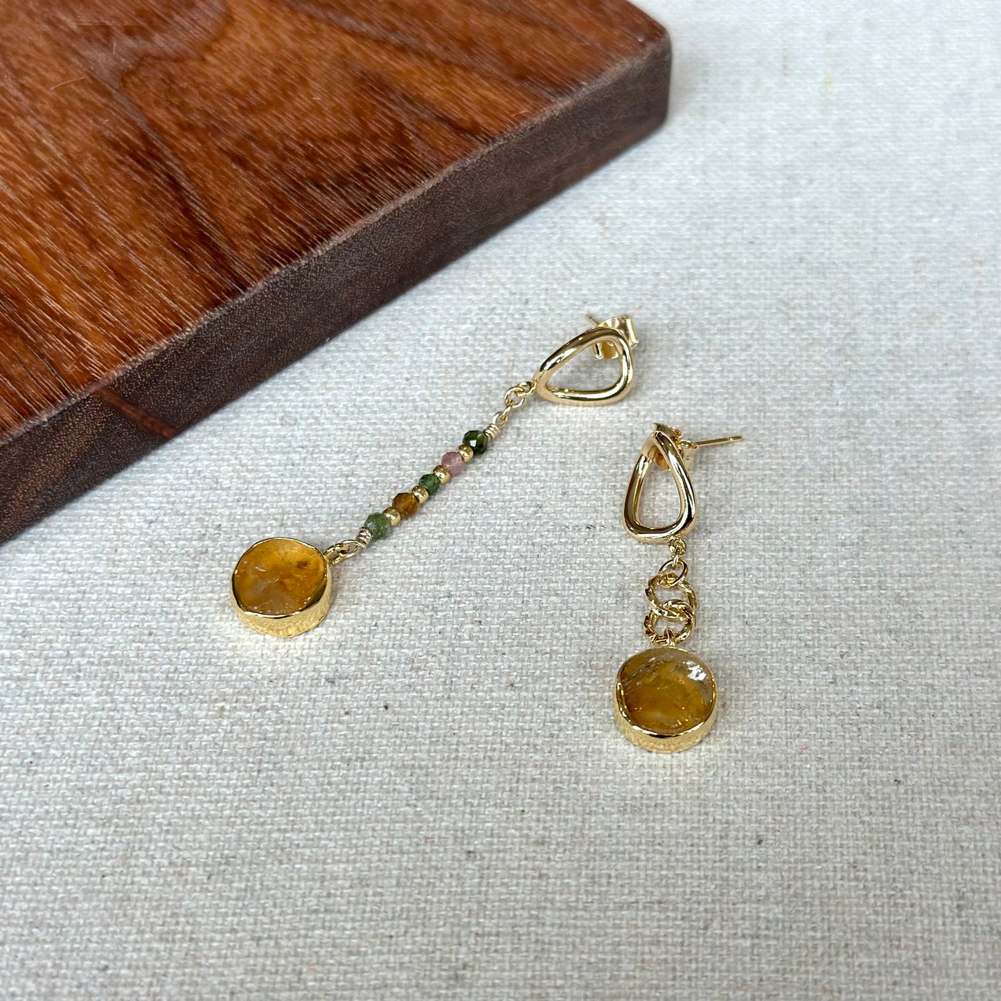 Citrine Raw Stone And Mixed Tourmaline Gold-plated Earring