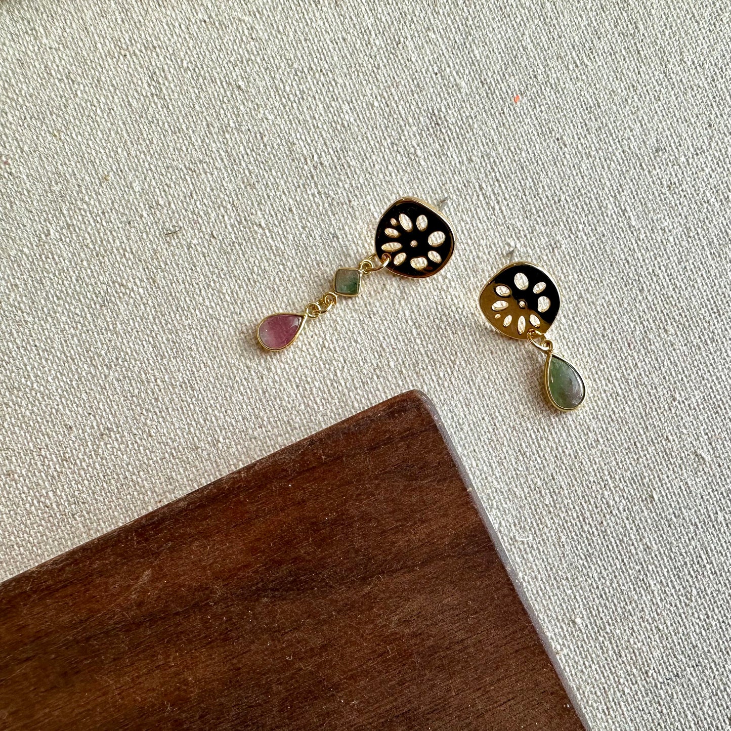 Watermelon Tourmaline Asymmetric Gold-plated Earring