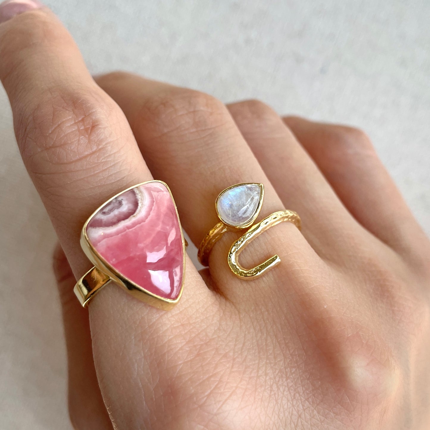 Pink Rhodochrosite Adjustable Gold-plated Ring