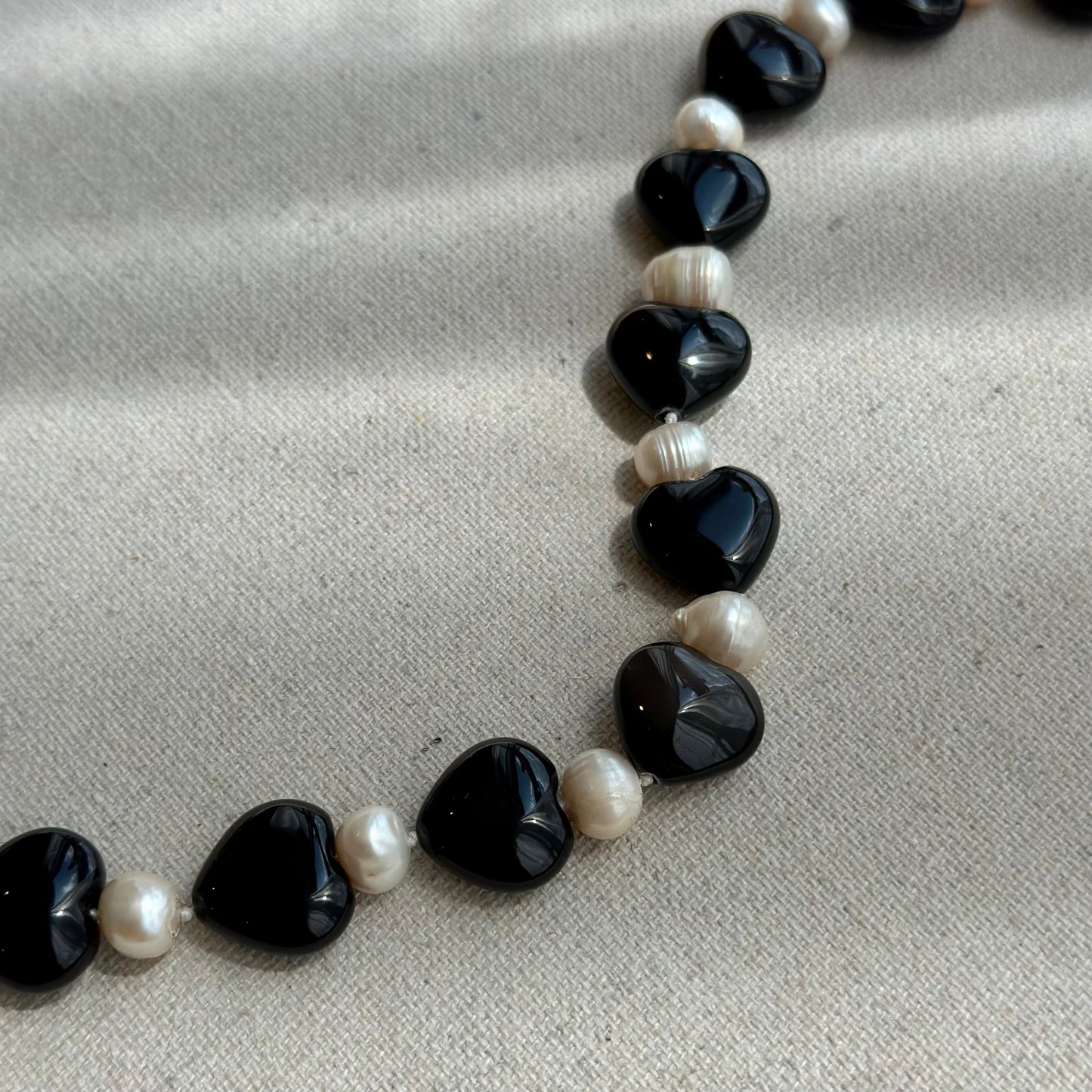 Black Onyx Heart And Freshwater Pearl Beaded Necklace