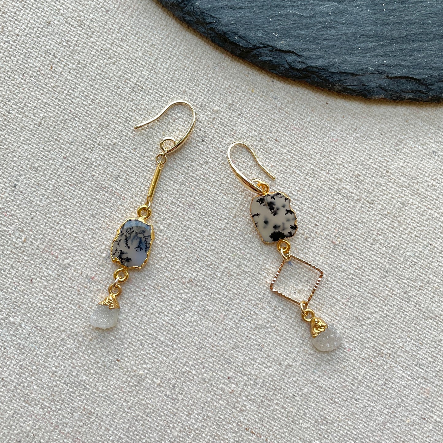 Dendritic Agate And Druzy Raw Stone Earring