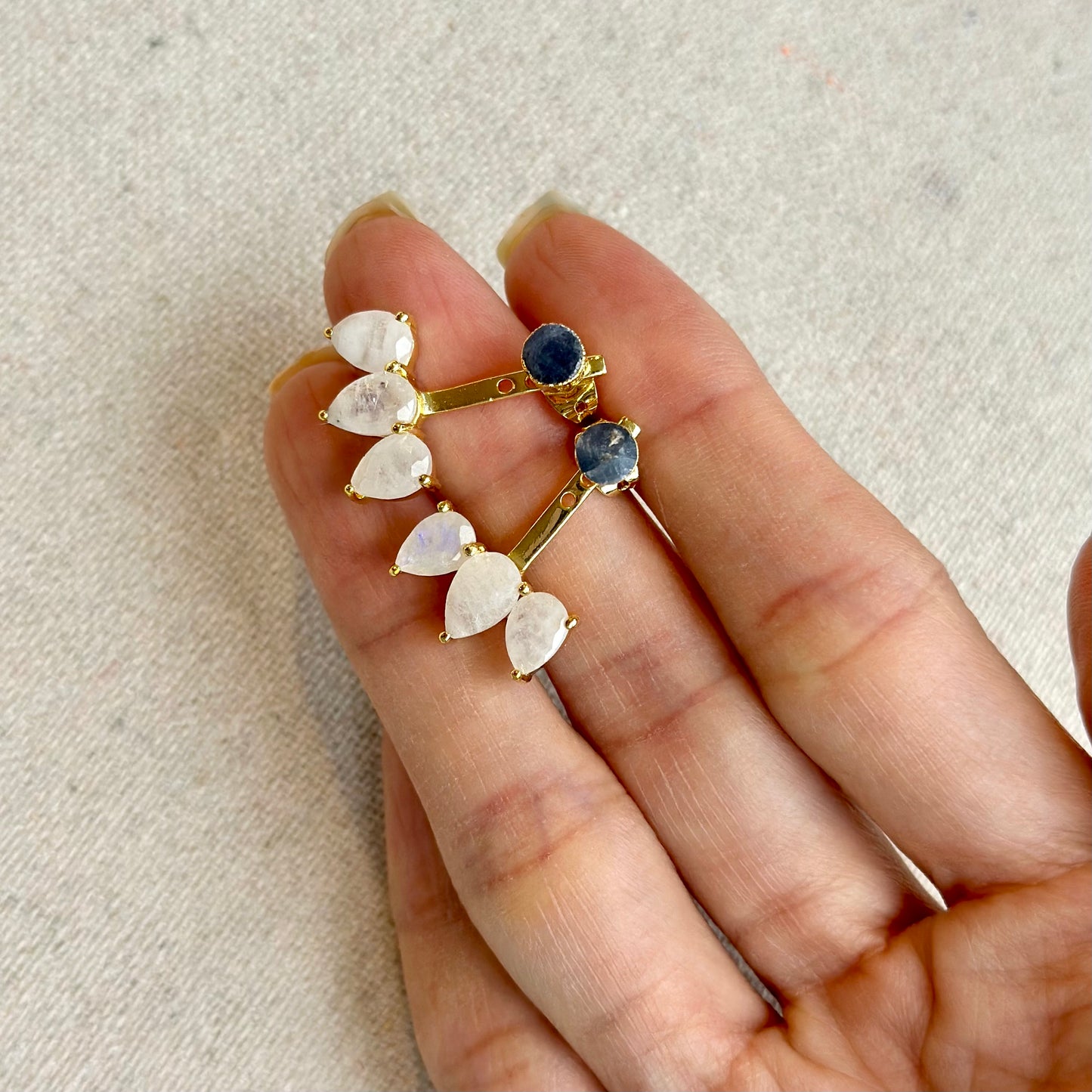 Sapphire Raw Stone And Moonstone Two-way Gold-plated Earring