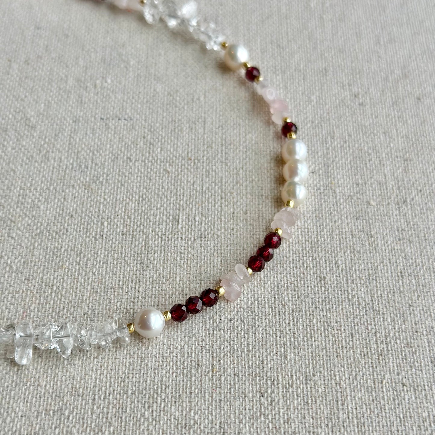 Garnet And Rose Quartz Beaded Asymmetric Choker Necklace